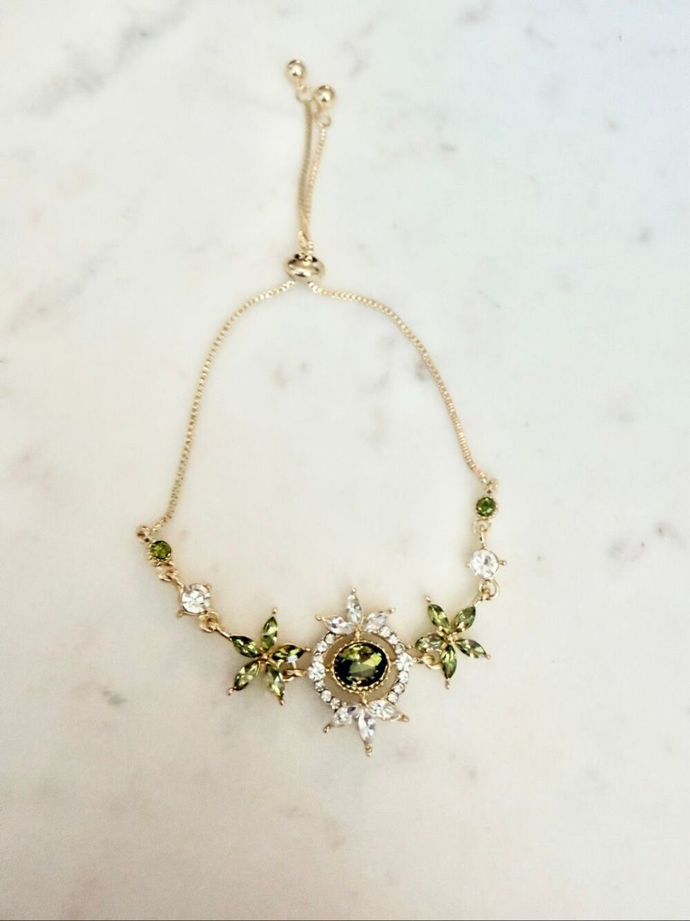 Gold Tone Olive Green Crystal Floral Adjustable Bolo Bracelet